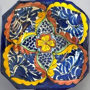 Vintage Talavera Hand painted Platter Mexico 8 3/4 Wall Plate Blue Orange Flower